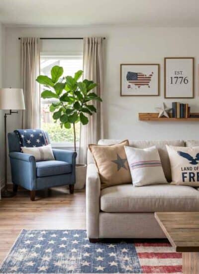 A living room featuring patriotic home decor ideas, including flag-themed pillows, a rug, wall art, and an eagle sculpture, with a beige sofa and a blue armchair by the window.
