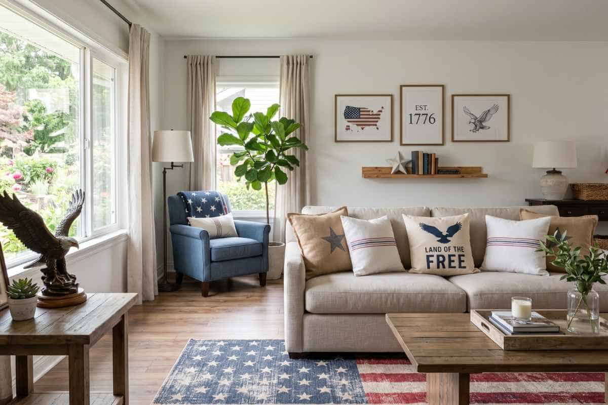 A living room featuring patriotic home decor ideas, including flag-themed pillows, a rug, wall art, and an eagle sculpture, with a beige sofa and a blue armchair by the window.