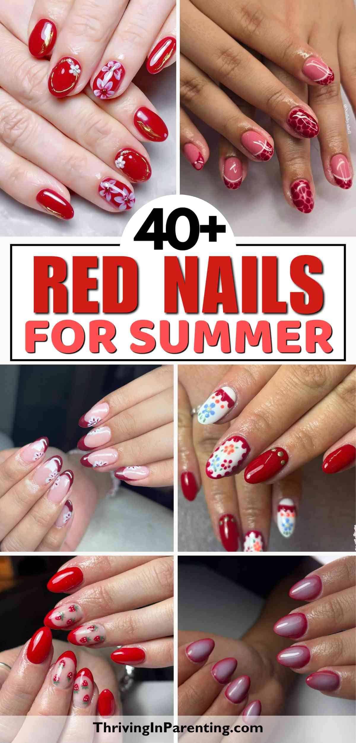 Collage of red summer nails, showcasing vibrant shades of red, floral patterns, hearts, and accent nails with white details.