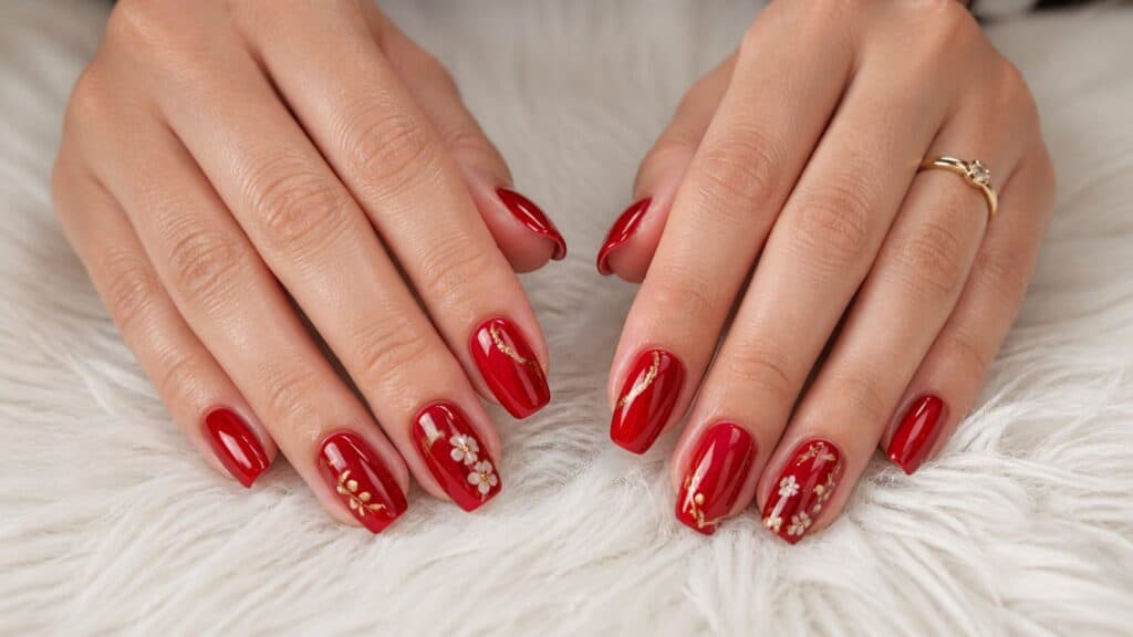 Two hands with red manicured nails featuring gold accents and white floral designs rest on a white furry surface.