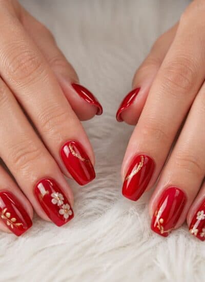Two hands with red manicured nails featuring gold accents and white floral designs rest on a white furry surface.