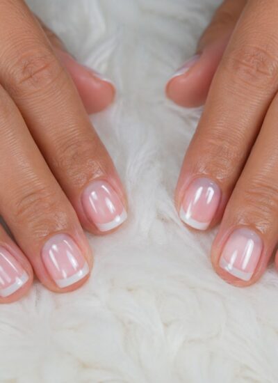 Two hands with a French manicure resting on a white, fluffy surface. The nails are short with a clear base and white tips.
