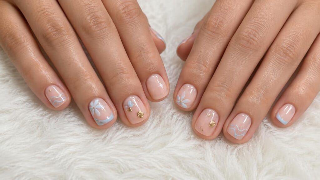 Close-up of hands with short, natural nails featuring pastel blue and gold beach-themed nail art designs, including waves, shells, palm trees, and flowers, on a soft white surface.