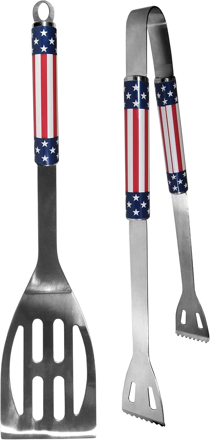 Metal spatula and tongs with handles decorated in an American flag pattern featuring red and white stripes and white stars on a blue background.