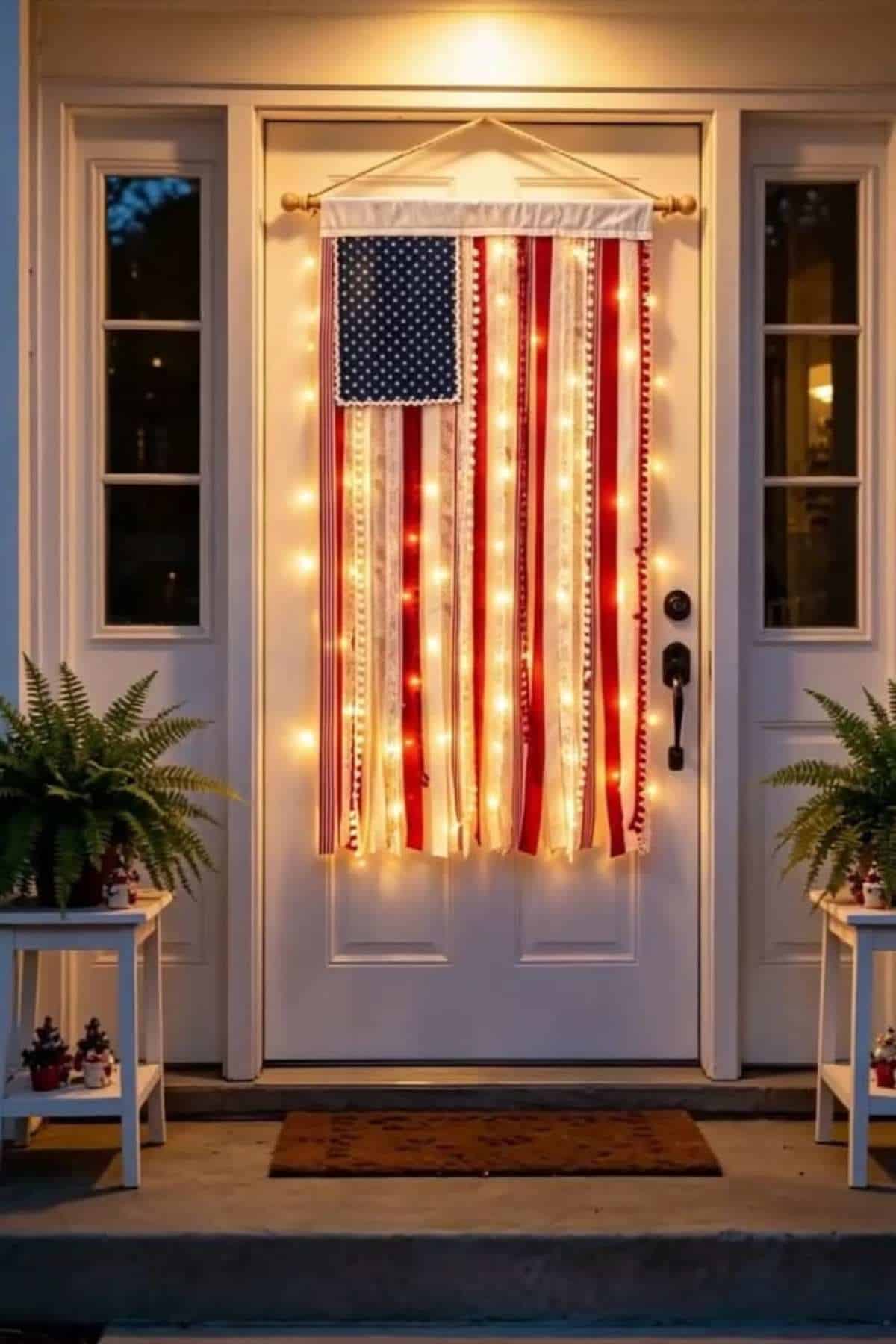 Door decorated with a fabric American flag banner adorned with string lights.