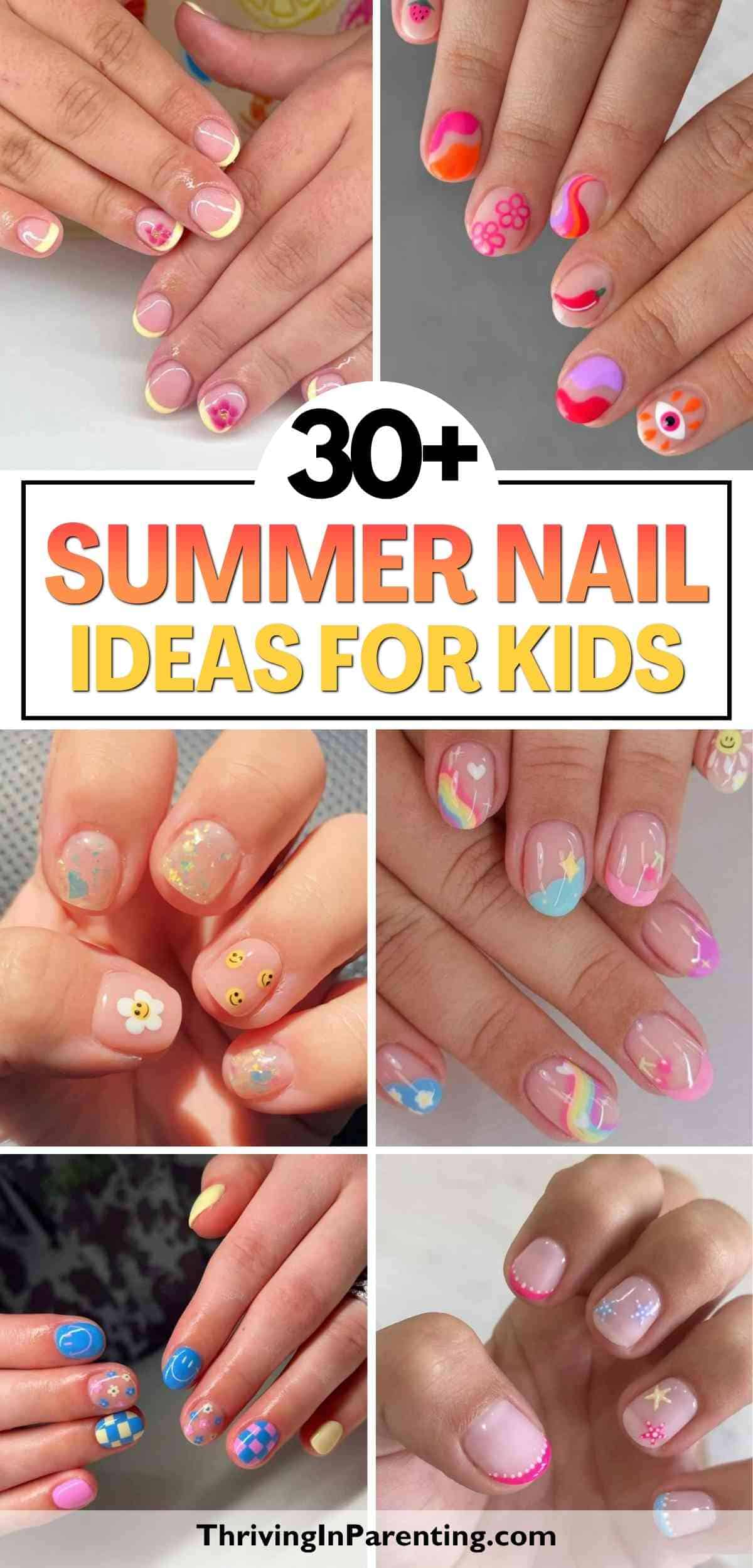 Collage showing various colorful and playful summer nails for kids.