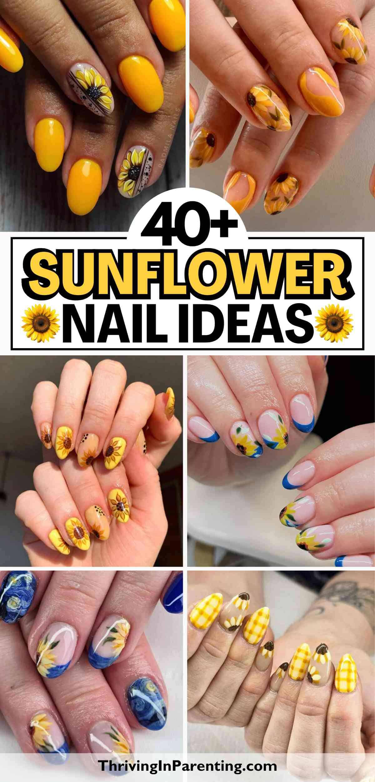 Collage of hands with various sunflower nail ideas, featuring yellow, blue, and plaid patterns.