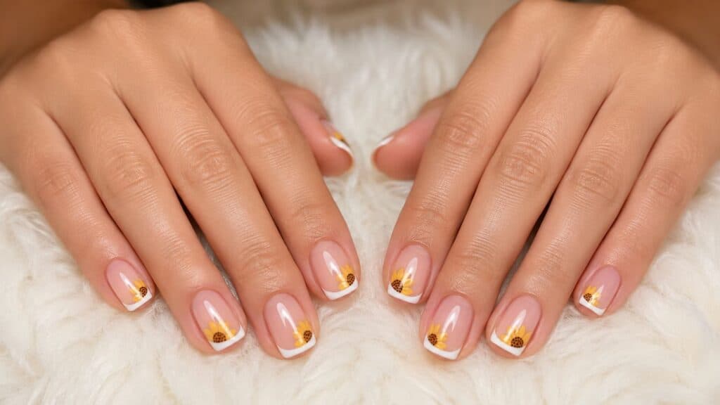 Two hands with neatly manicured nails featuring white French tips and small sunflower designs on each nail, resting on a soft white surface.