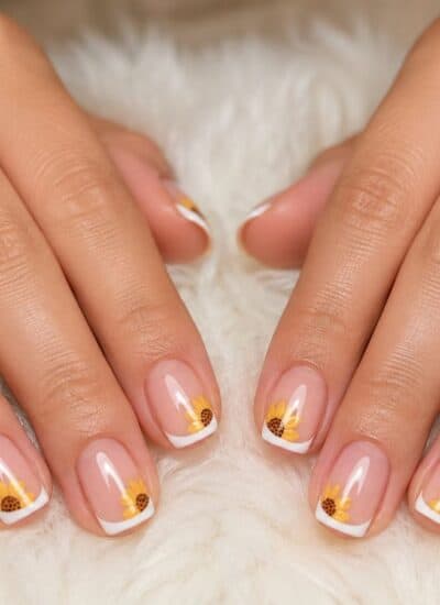 Two hands with neatly manicured nails featuring white French tips and small sunflower designs on each nail, resting on a soft white surface.