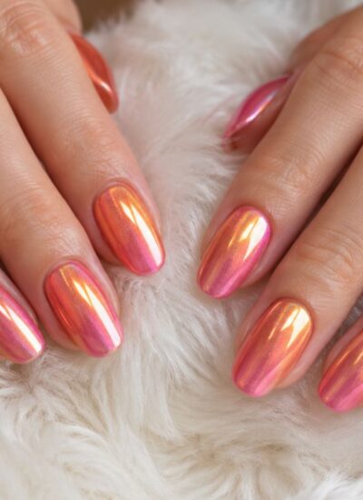 Two hands rest on a white, fluffy surface, displaying shiny, iridescent pink and orange manicured nails.