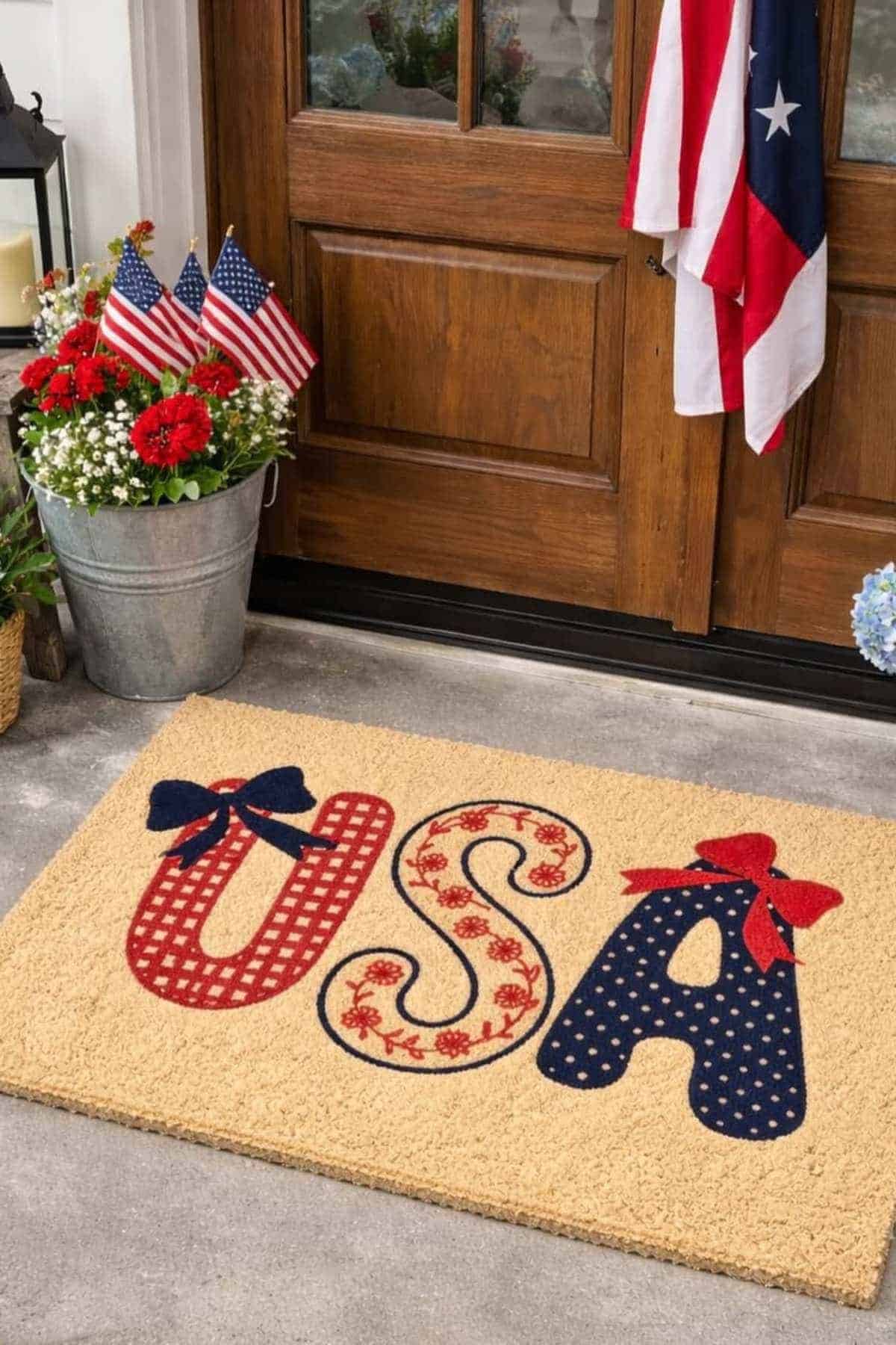 A patriotic doormat spells "USA" in red, white, and blue with American flags and flowers on a doorstep.