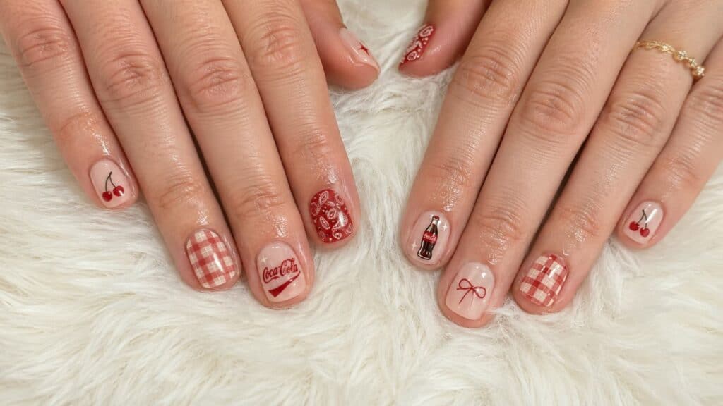 Hands with nail art featuring red and white gingham patterns, cherries, a Coca-Cola logo, a soda bottle, a bow, and a bandana print design on a white furry surface.