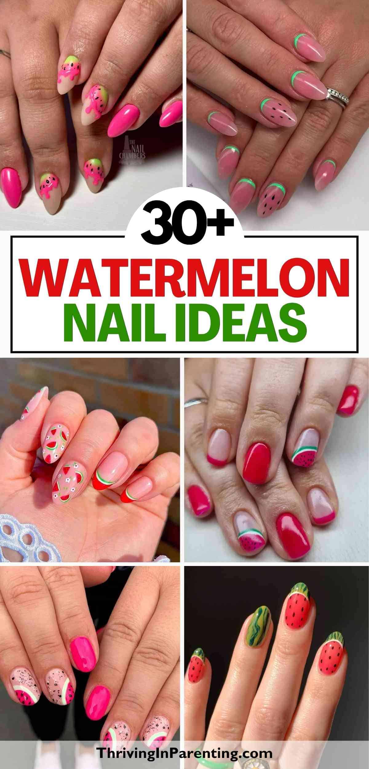 Collage of hands with various watermelon nail designs, featuring pink, green, and black accents.