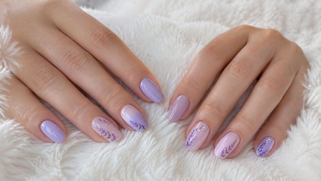 Hands with manicured nails painted in shades of purple and lavender, featuring floral designs, resting on a white fluffy fabric.