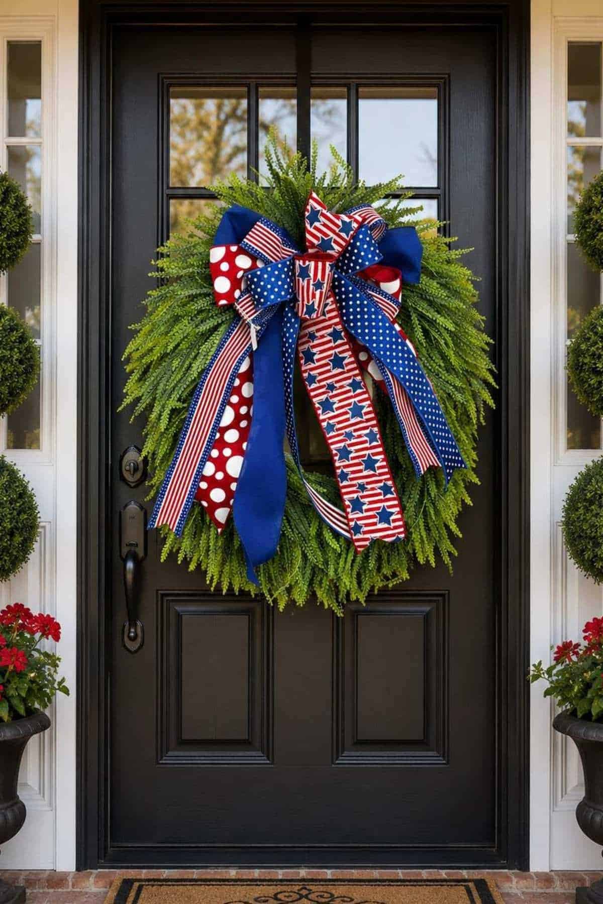 A green wreath with a large patriotic bow adorns a black front door.