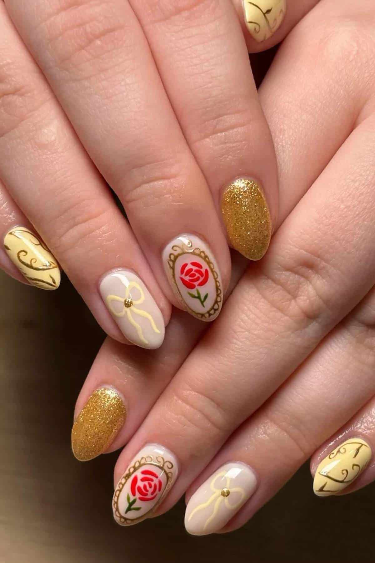 Hands with manicured nails featuring gold glitter, yellow designs, and accent nails with a red rose and gold embellishments.