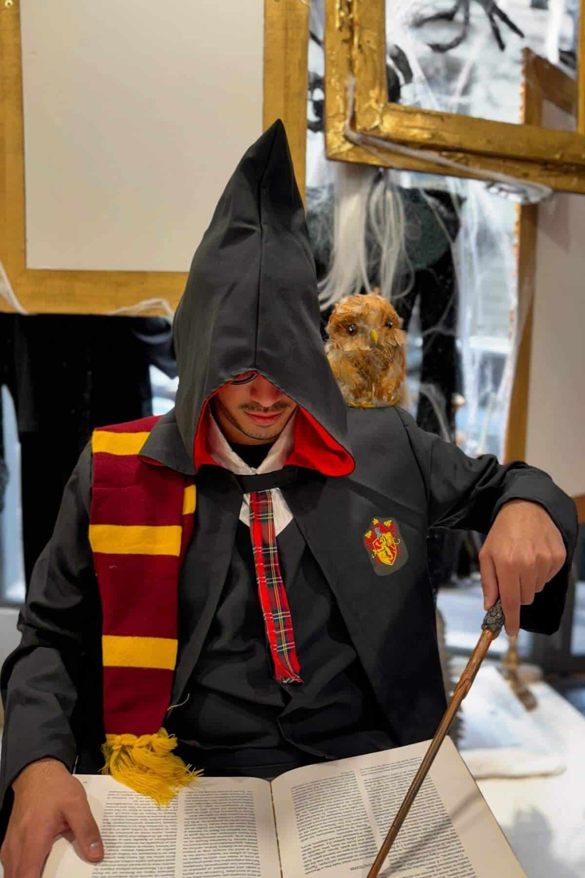 Person in a hooded cloak and Gryffindor scarf reading a large book, holding a wand, with a small owl figurine on their shoulder.