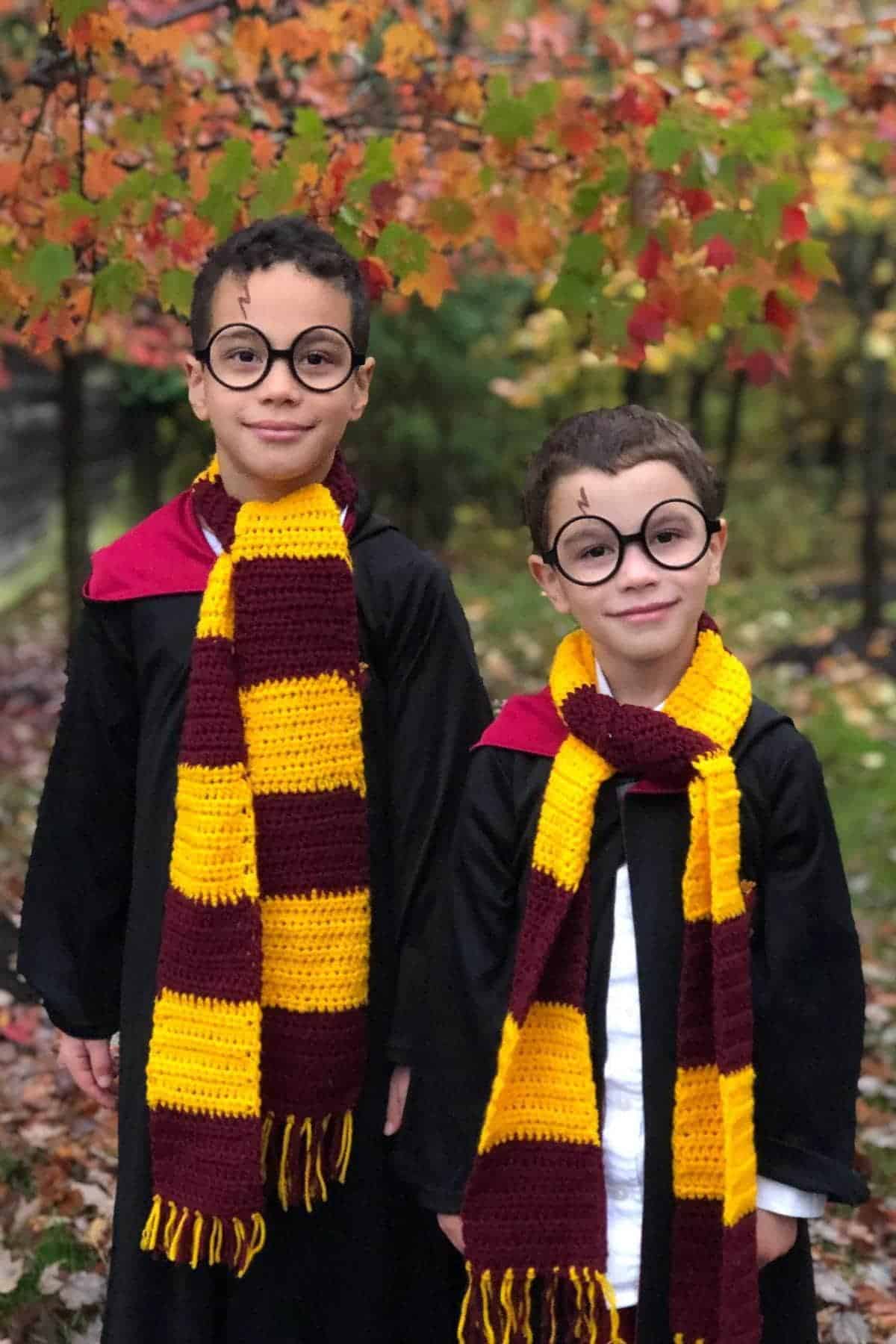 Two children dressed as Harry Potter, wearing round glasses, Gryffindor scarves, and black robes, stand outdoors in front of autumn foliage.