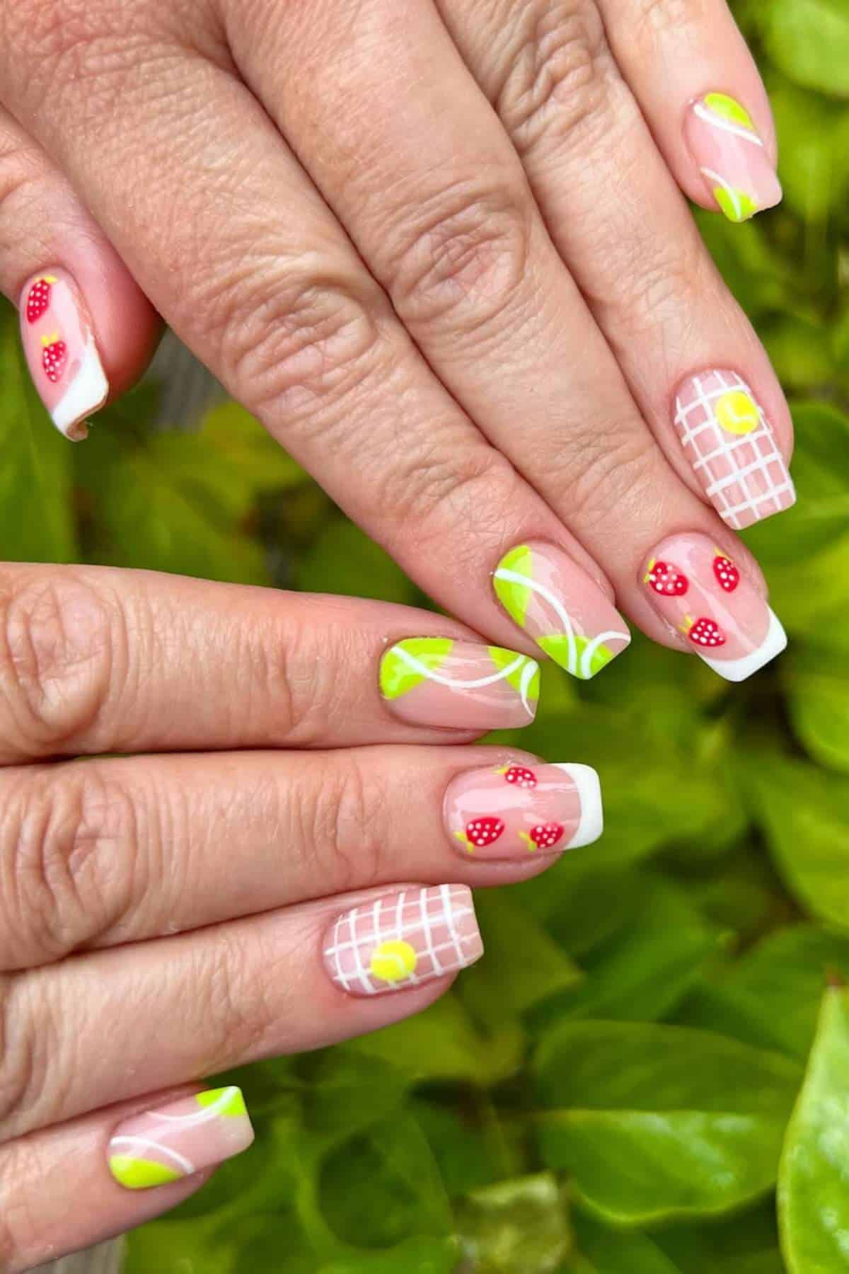 Hands with manicured nails featuring designs of strawberries, tennis balls, lime wedges, and white grid patterns over a light pink base, shown against green foliage.