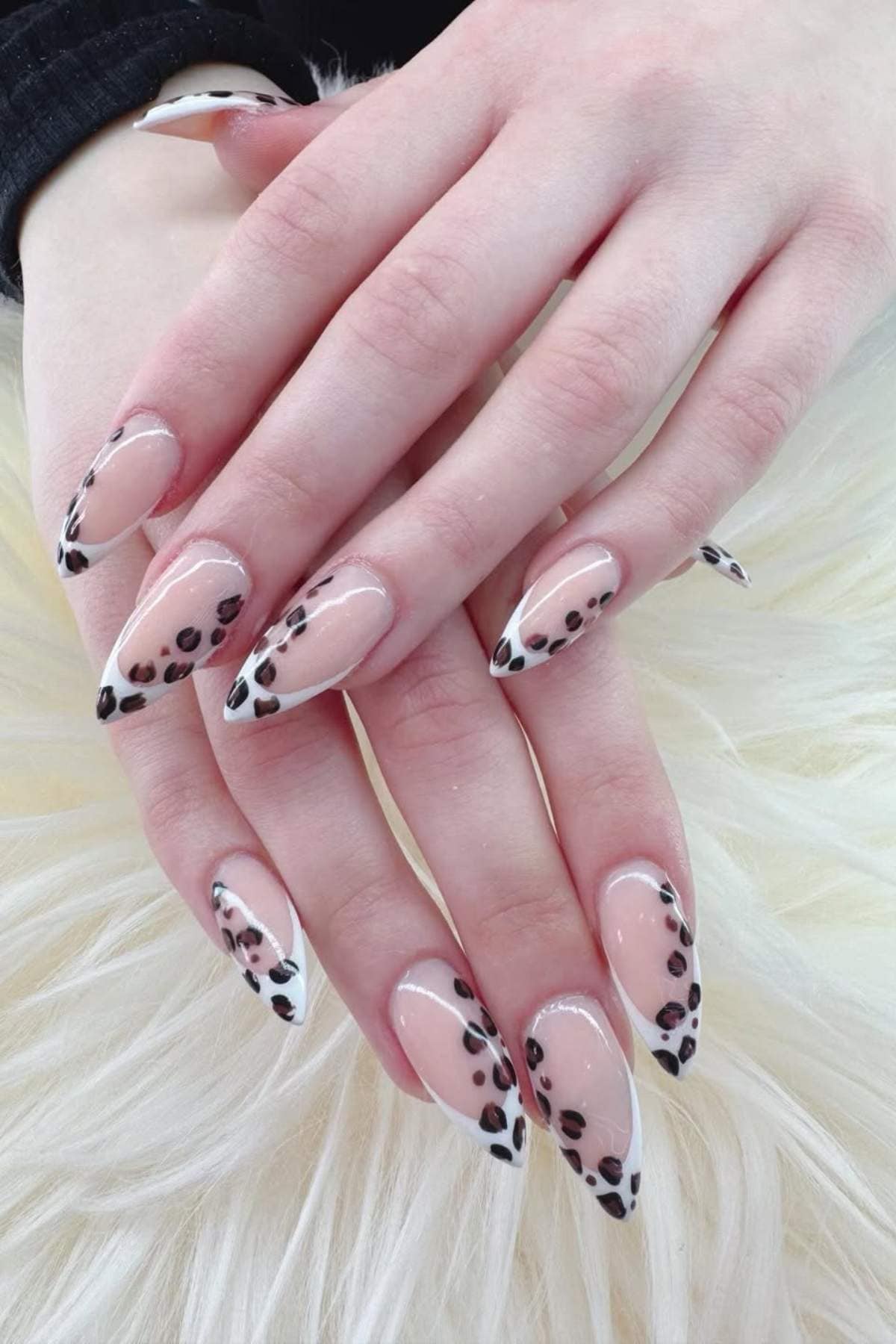 Hands with long, almond-shaped nails featuring a French tip design with black spots on a white background, displayed on a light, furry surface.