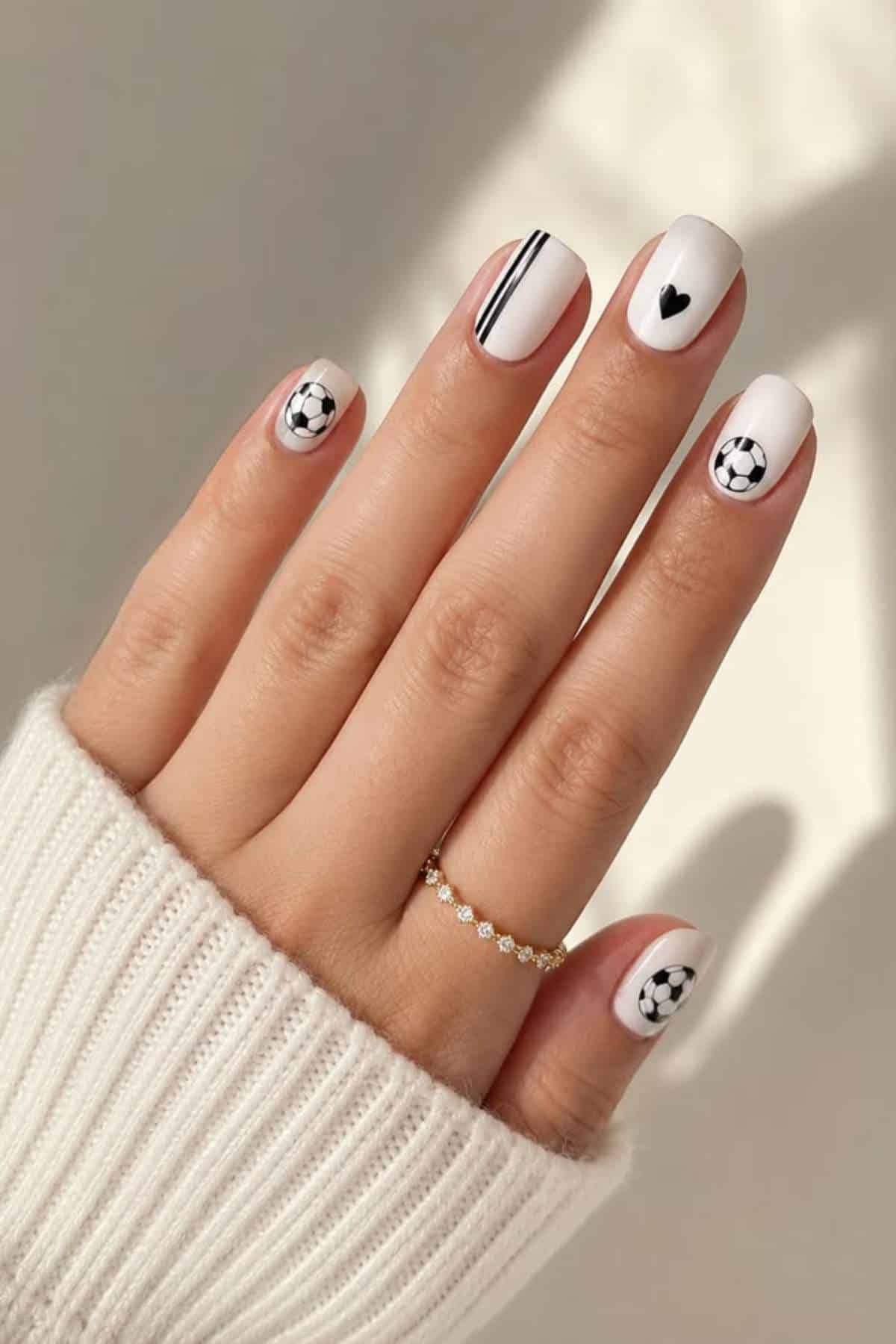 A hand with short, white manicured nails featuring black soccer ball designs, a black heart, and black stripes. The person wears a gold ring and a white knit sleeve is visible.