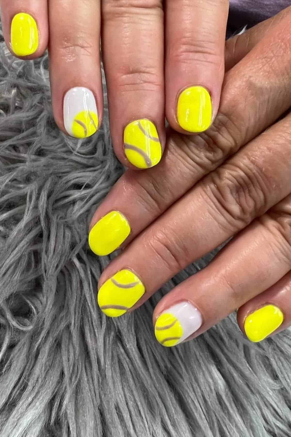 Hands with short nails painted in a bright yellow and white tennis ball design, resting on a gray textured fabric.