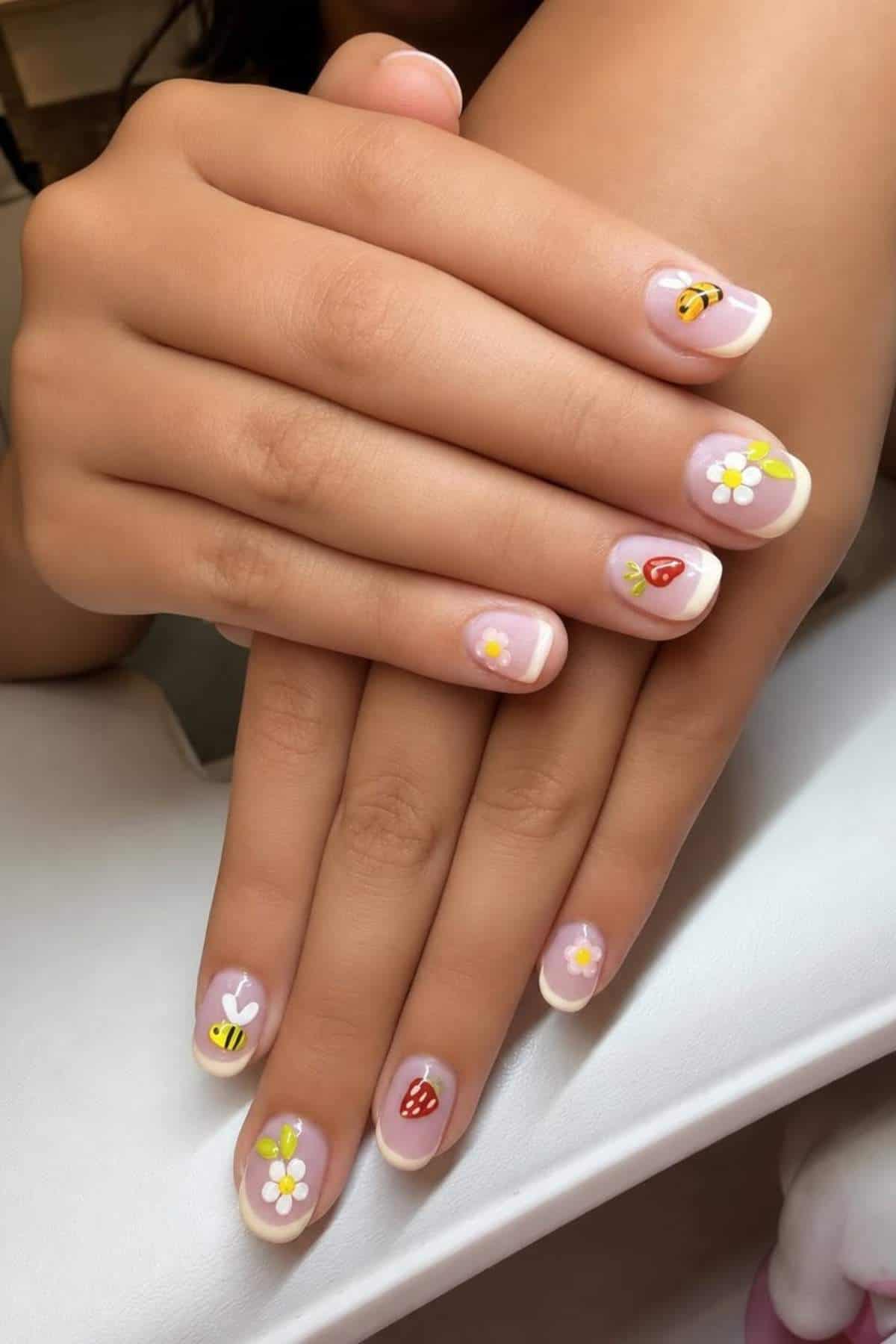 Two hands with manicured nails featuring designs of daisies, bees, and strawberries on a light pink base with white tips.