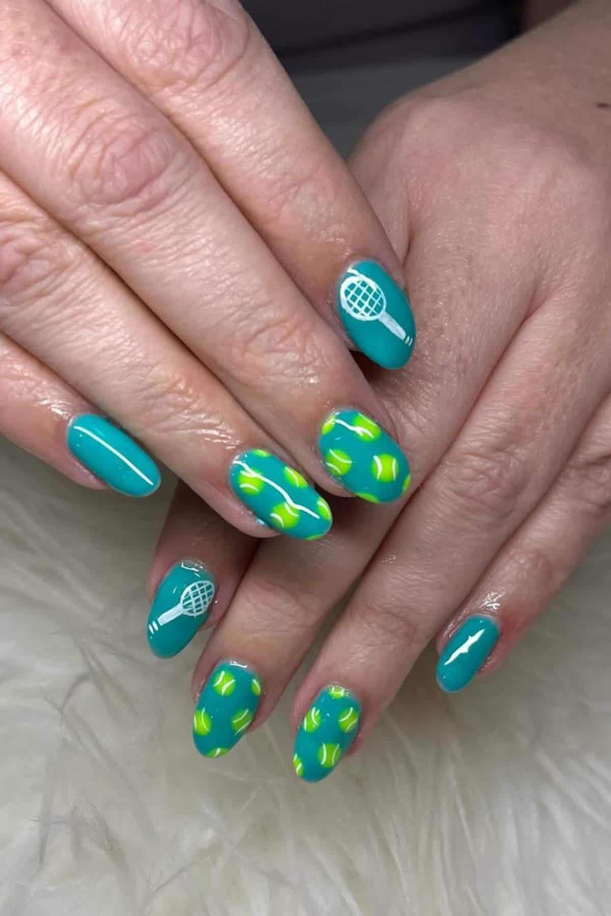 Hands with teal nail polish featuring tennis ball and racket designs on several nails, displayed on a white textured surface.