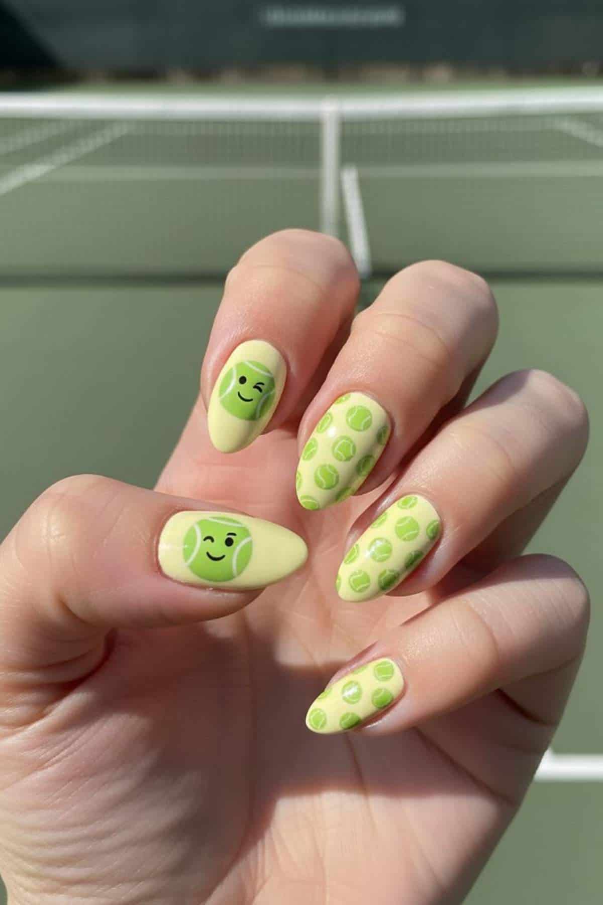 A hand with long, almond-shaped nails painted light green, featuring tennis ball designs and two nails with smiling faces, against a tennis court background.