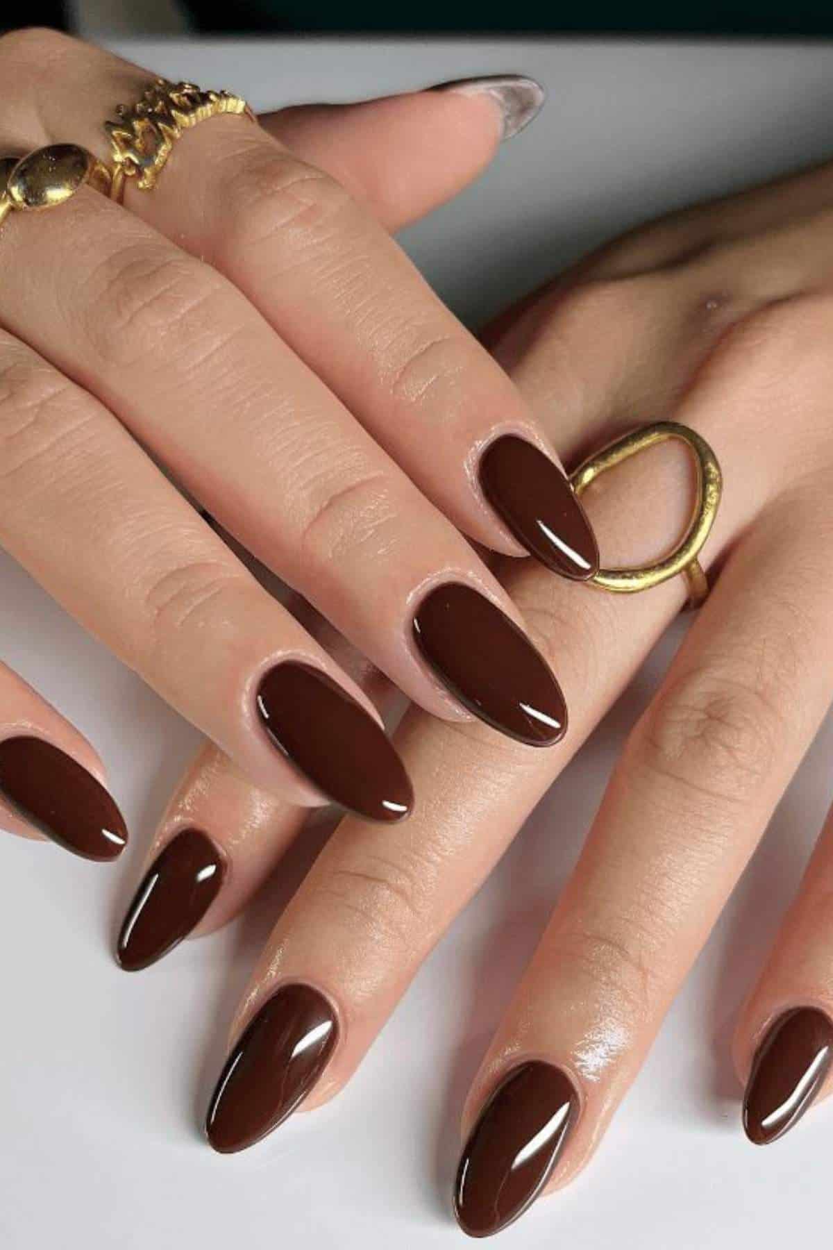 Close-up of hands with almond-shaped nails painted in glossy dark brown polish, wearing gold rings on the fingers.