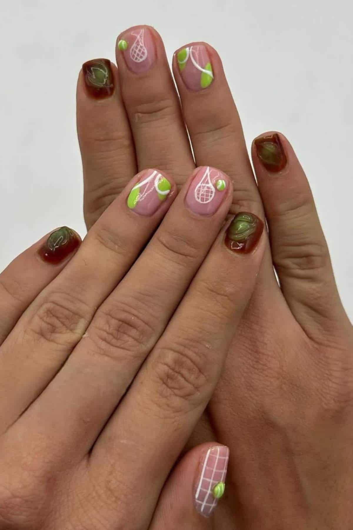 Hands with short nails featuring tennis-themed nail art on some fingers and green-brown abstract designs on others.