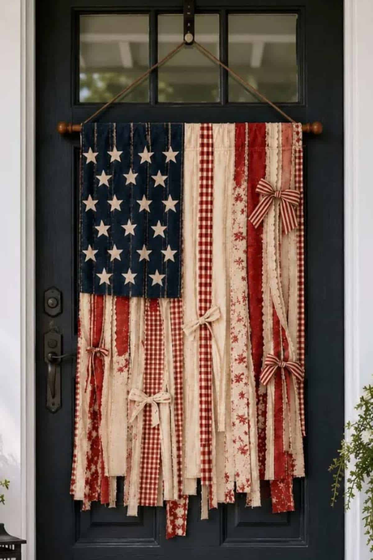A fabric American flag with various red, white, and blue patterns and ribbon bows hangs on a black door.
