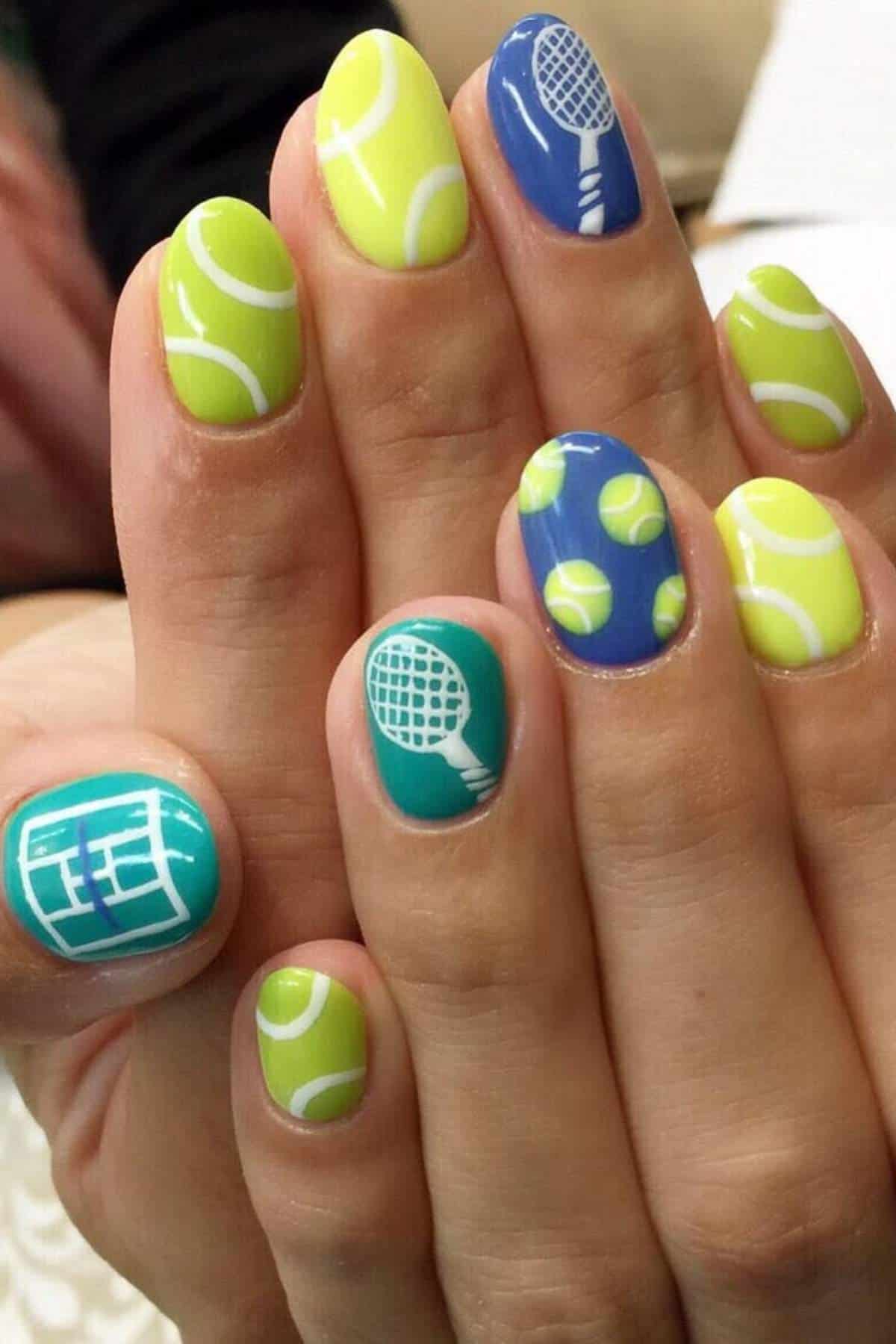 Fingernails painted with tennis-themed designs, including tennis balls, rackets, and a tennis court in green, yellow, and blue colors.