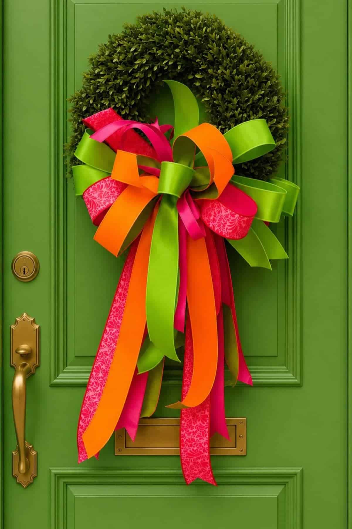 A green front door with a round green wreath decorated with large orange, pink, and green ribbons and a brass door handle and mail slot.