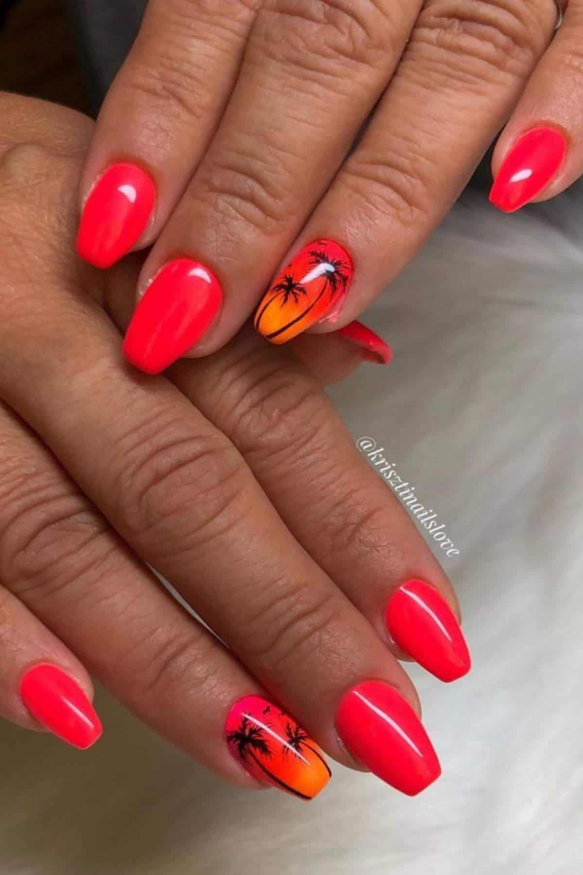 Hands with bright coral-red nails; ring fingers feature an orange gradient and palm tree design.