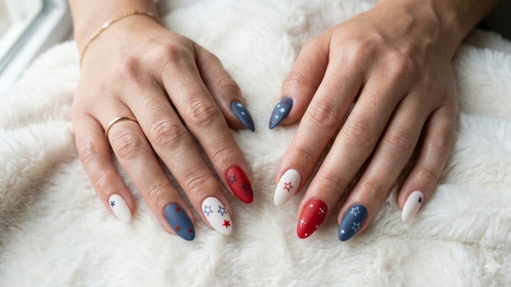 Hands with long almond-shaped nails painted in red, white, and blue with small star designs, resting on a white fuzzy surface.