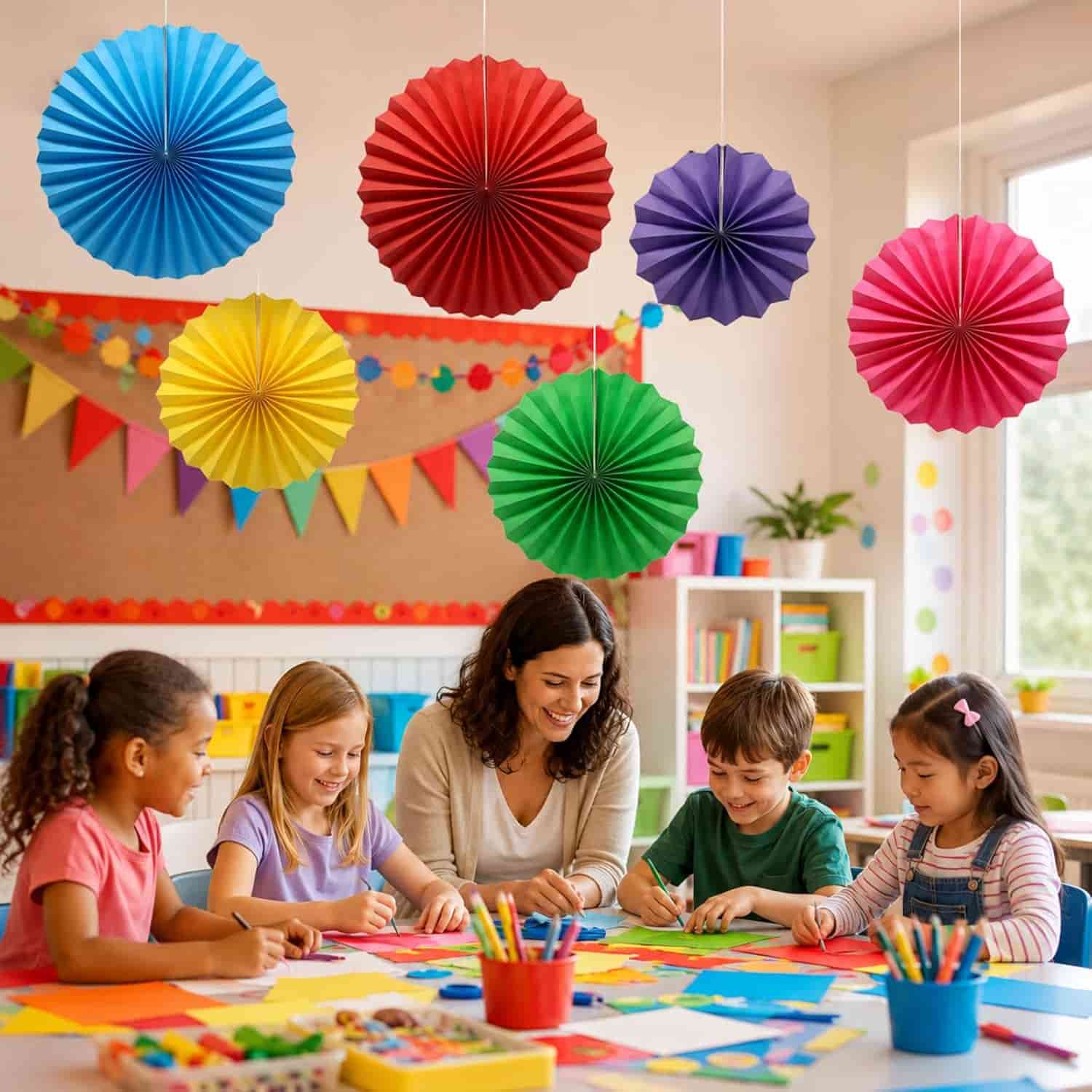 A teacher and four children sit at a table doing crafts in a colorful classroom decorated with paper fans and art supplies.