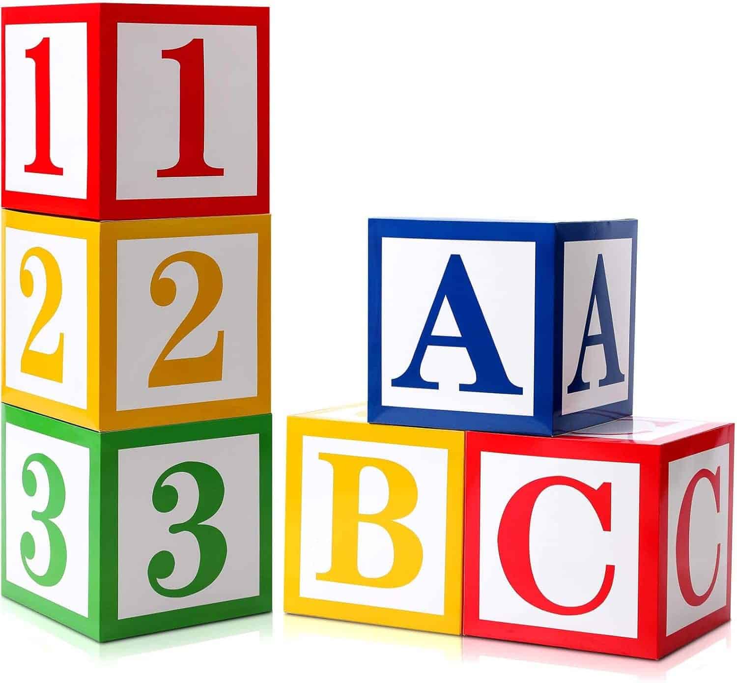 Six colorful blocks with numbers 1, 2, and 3 in red, yellow, and green, and letters A, B, and C in blue and yellow, arranged in two stacks on a white background.
