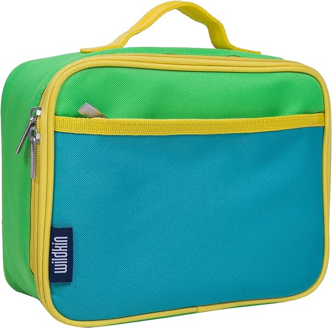 A rectangular lunch box with a green top, blue front, yellow trim, and a yellow handle. The brand "Wildkin" is visible on a label near the zipper.