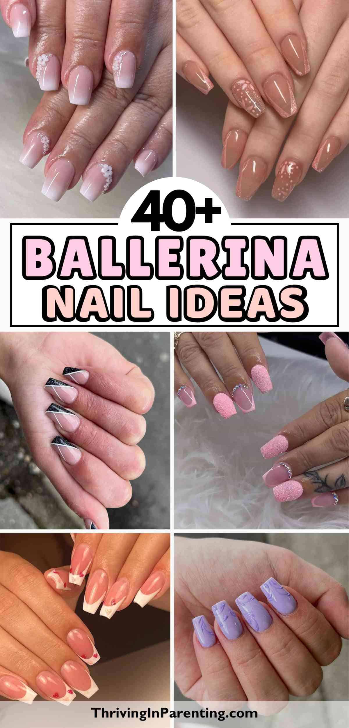 Collage of six unique ballerina-shaped nail designs in vibrant colors and styles.