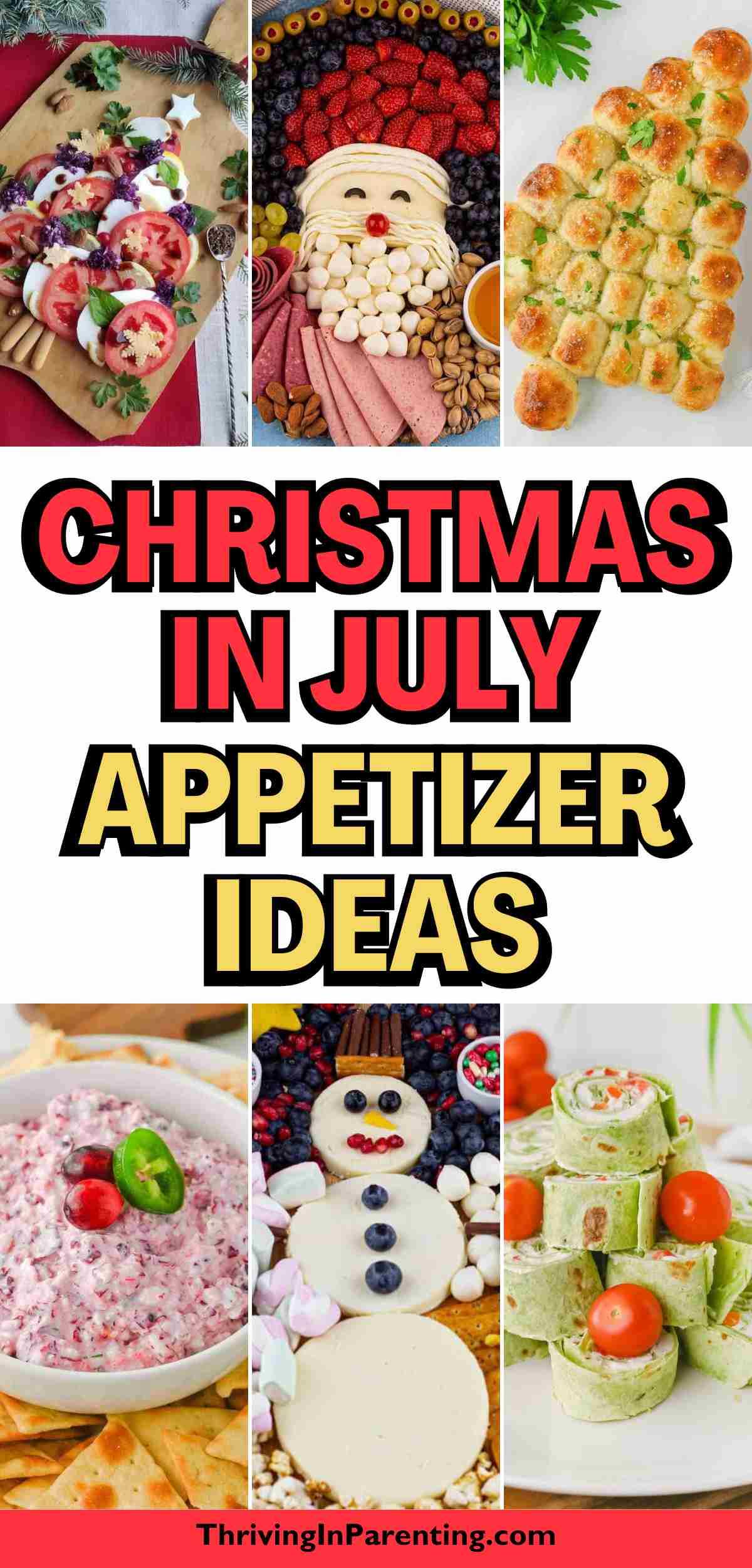 Collage of festive Christmas in July appetizers arranged in holiday shapes.