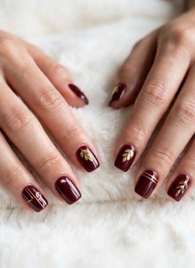 Two hands with dark red manicured nails featuring gold leaf designs rest on a white, fluffy surface.