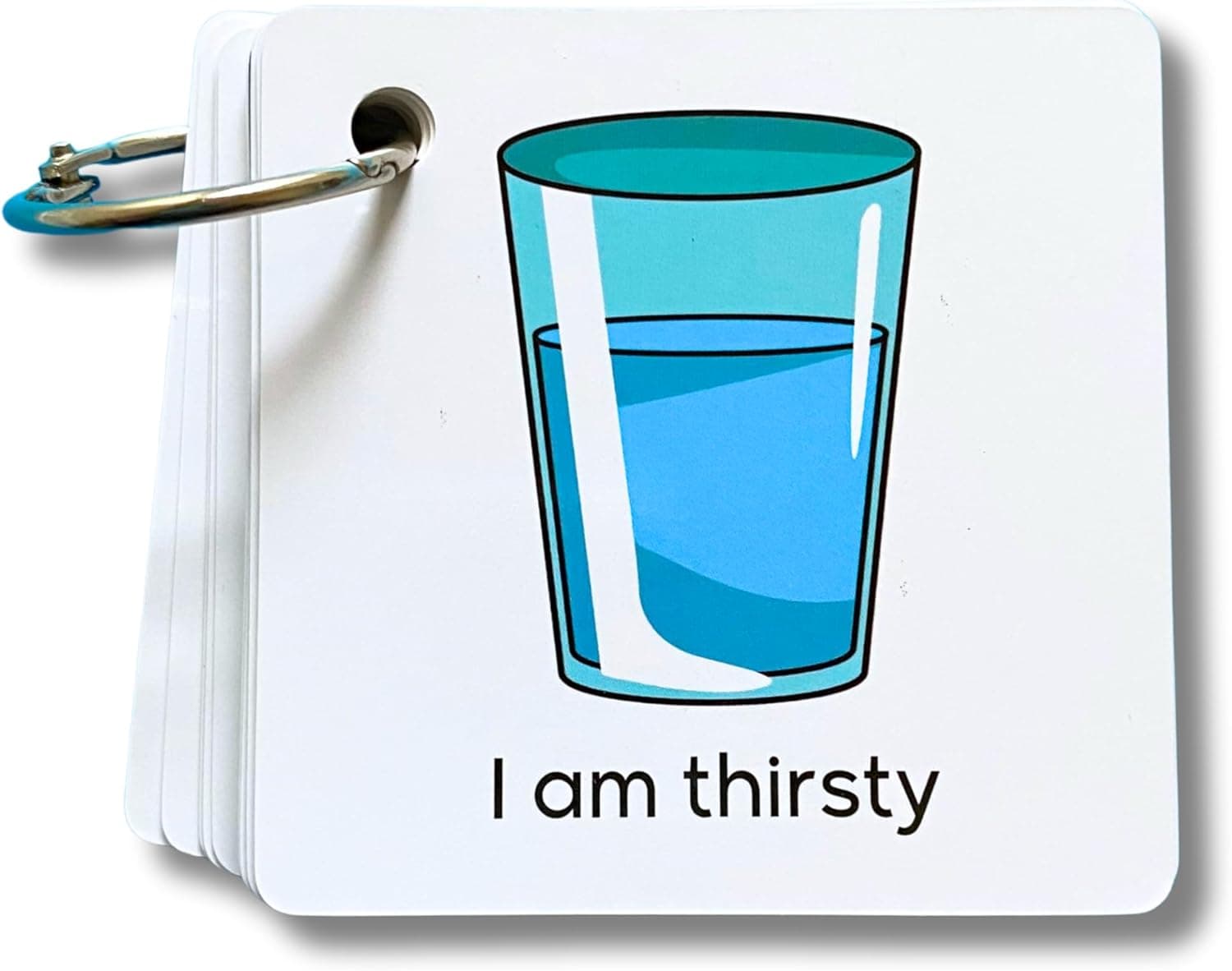 A flashcard showing a drawing of a glass of water above the text "I am thirsty.