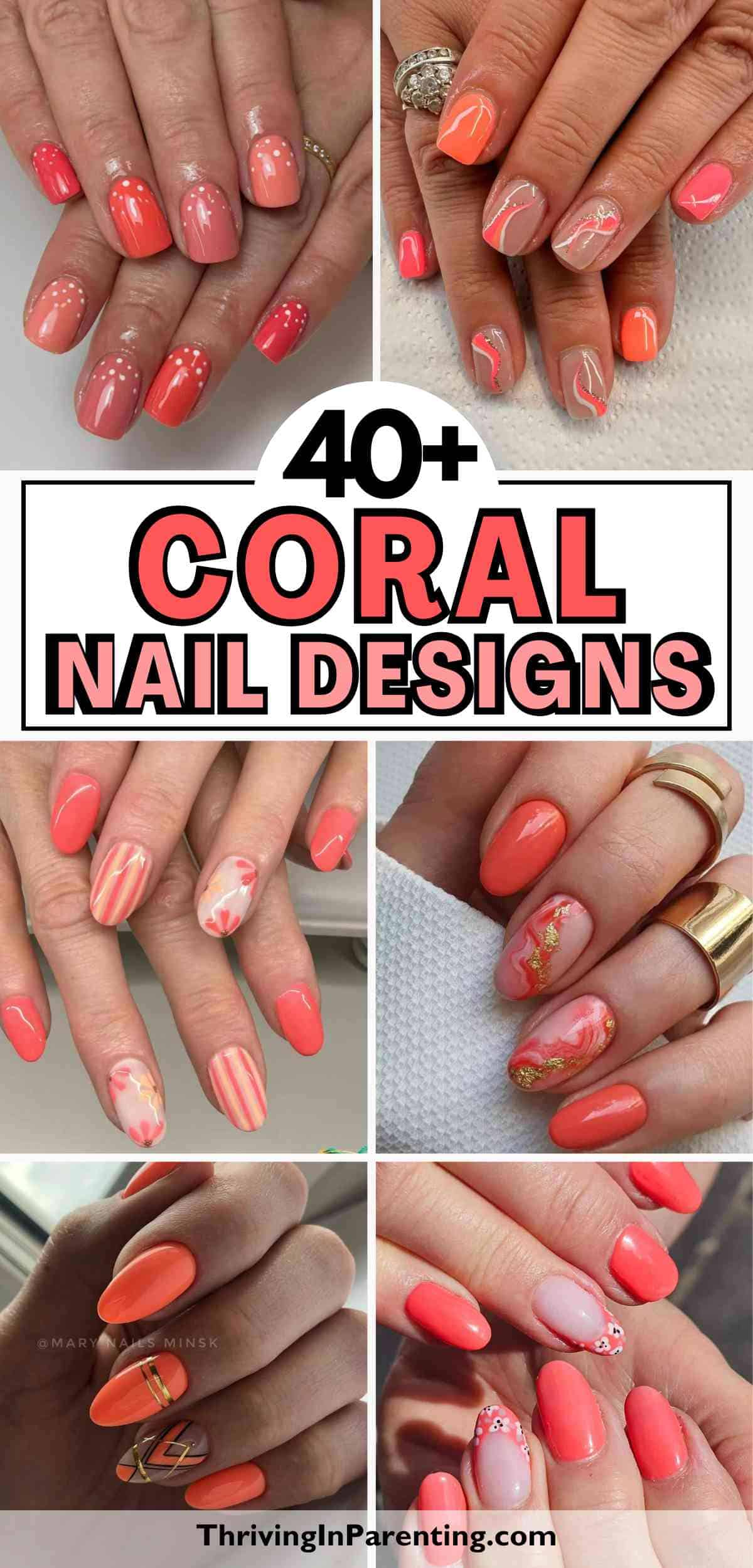 Collage of hands showing various coral nail ideas, including patterns, gradients, and embellishments.