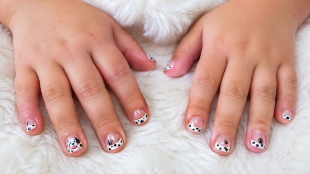 A pair of hands with short nails painted with black and white Dalmatian dog designs resting on a white furry surface.