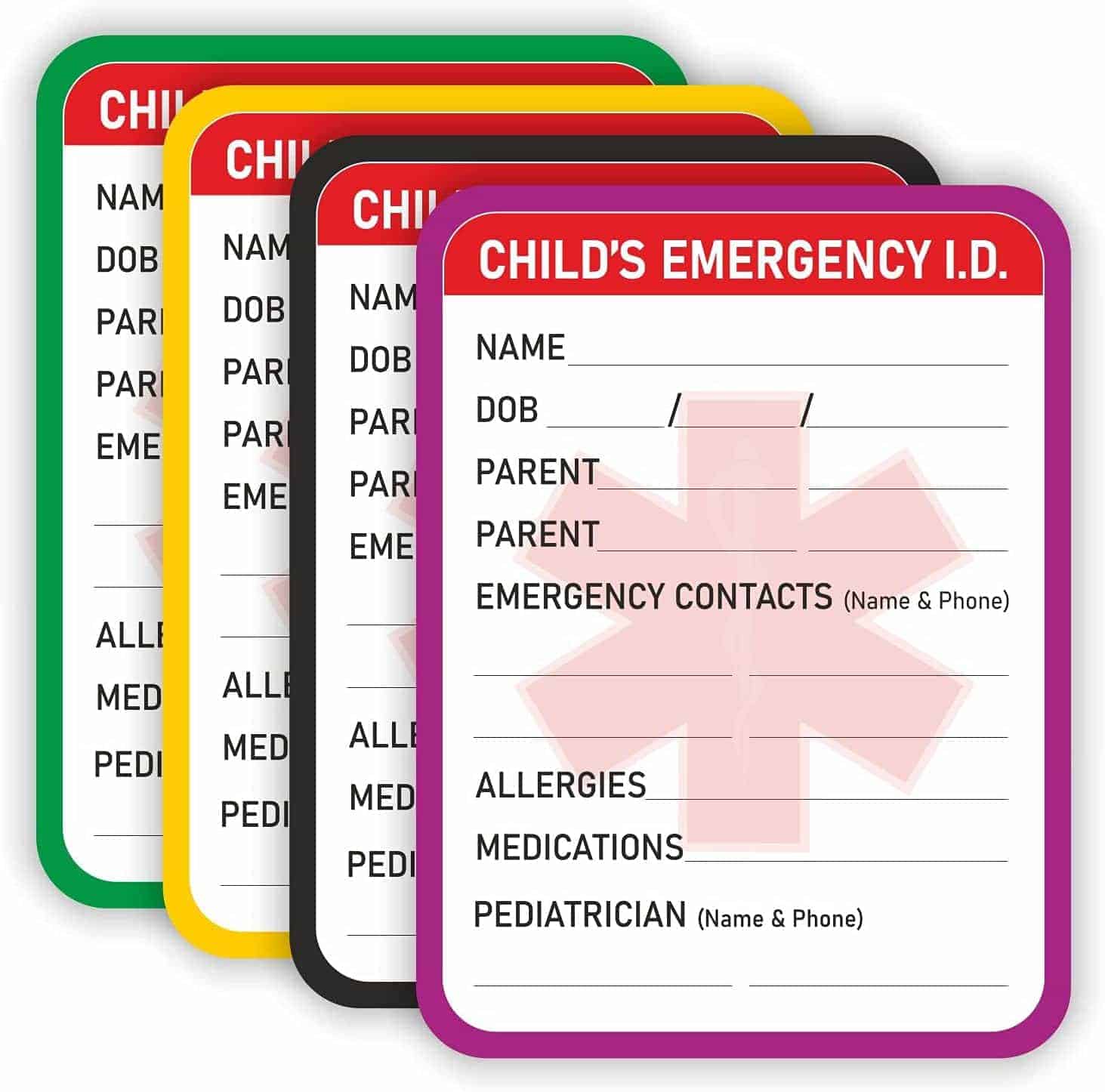 Four child's emergency ID cards with spaces to write name, date of birth, parent, emergency contacts, allergies, medications, and pediatrician information.