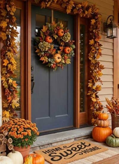 A front porch decorated for fall with pumpkins, a wreath, autumn garlands, a “Happy Fall Y’all” sign, potted flowers, and a “Home Sweet Home” doormat.