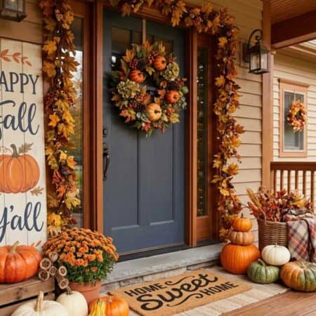 A front porch decorated for fall with pumpkins, a wreath, autumn garlands, a “Happy Fall Y’all” sign, potted flowers, and a “Home Sweet Home” doormat.