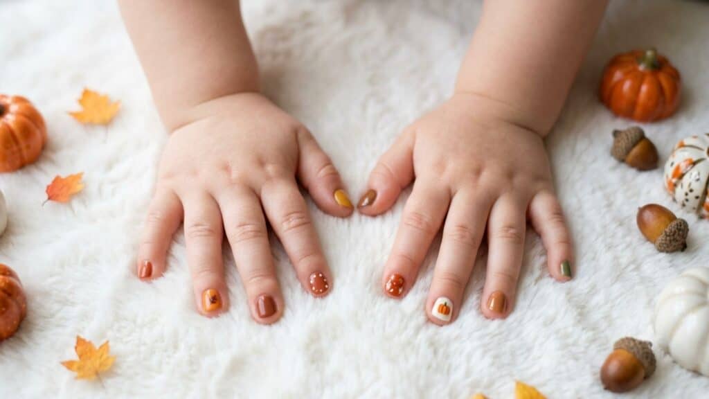 A child’s hands with autumn-themed nail art rest on a white surface, surrounded by small pumpkins, acorns, and fall leaves.