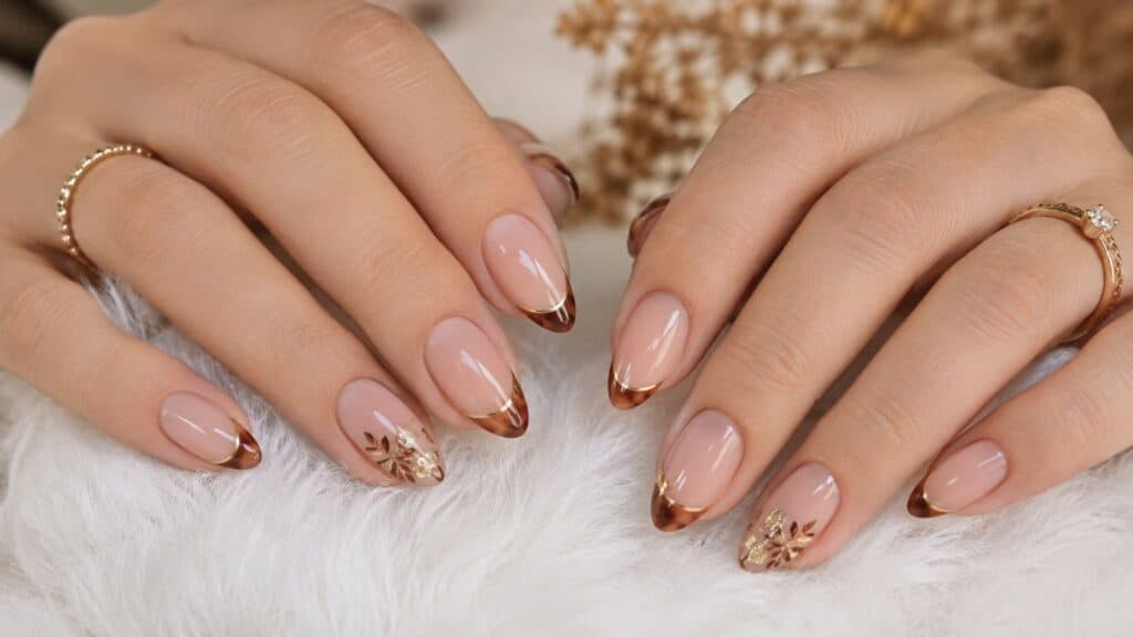 Hands with manicured nails featuring brown French tips, delicate gold floral designs, and gold rings on a soft white surface.